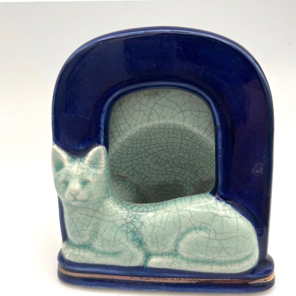 Vintage Takahashi Japan Porcelain Cat Picture Frame Cobalt Blue Celadon Crackle